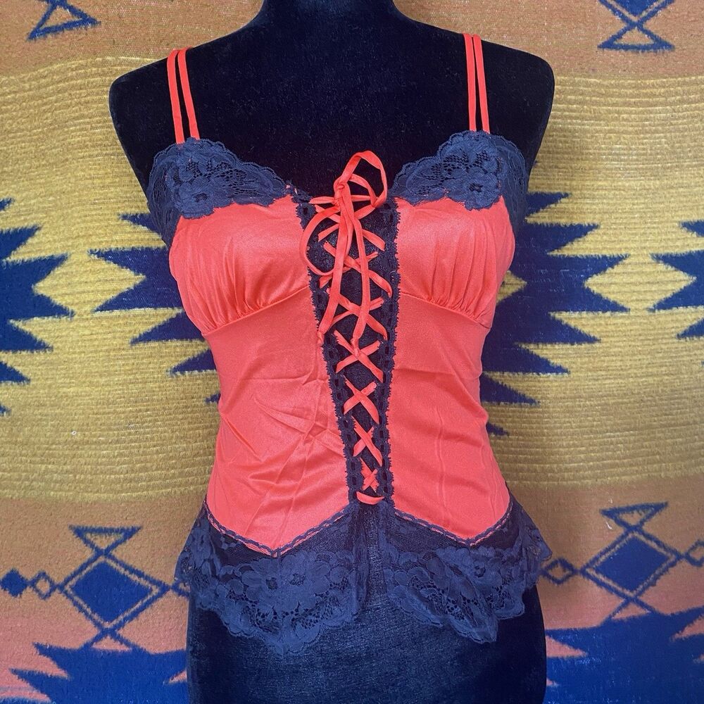 Vintage Formfit Rogers Red/Black Nylon Lace Camisole Lingerie Top. 34/S. USA.